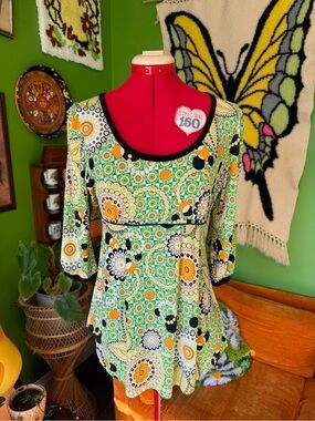 Women's Green Patterned Scoop Neck Tunic Top